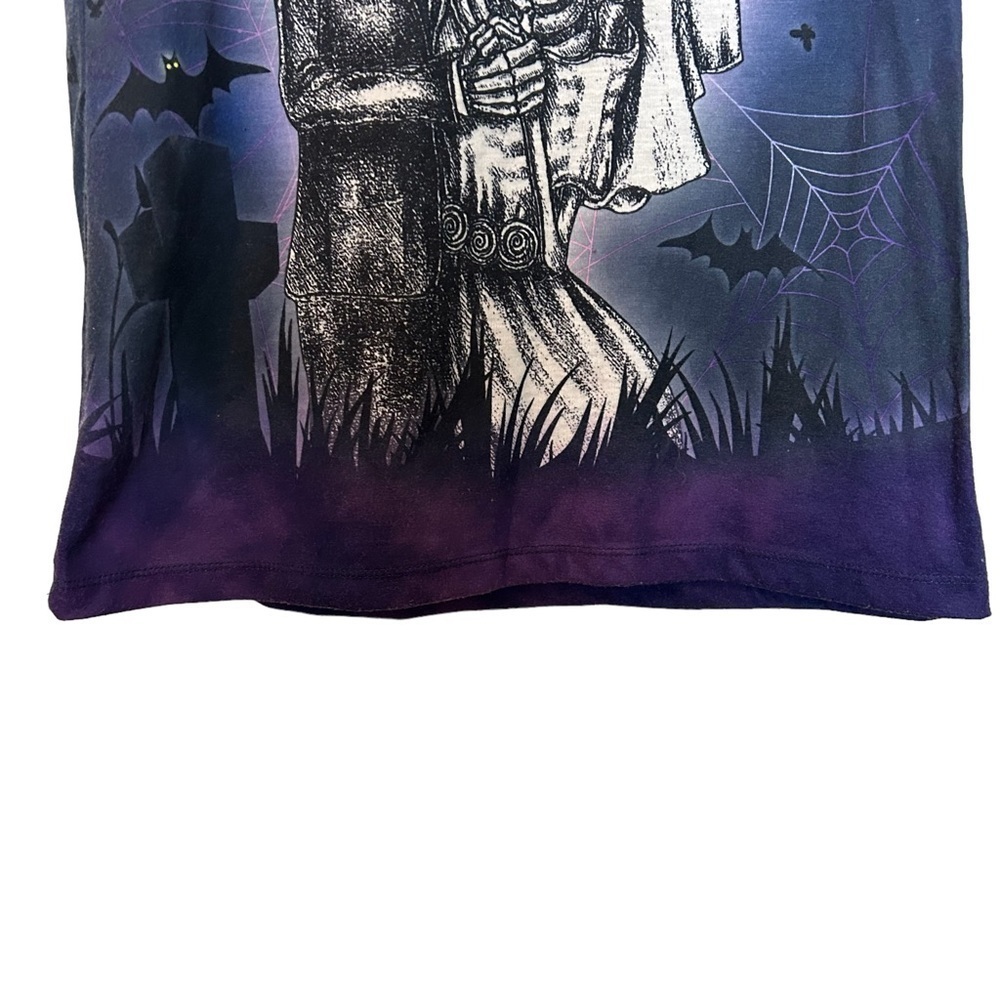 Halloween Bride & Groom Skeleton Couple Full Moon & Graveyard Tee Shirt - Picture 2 of 10